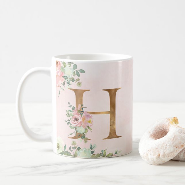 Elegante Rosa Floral Monogram H Kaffeemaschine Tas Kaffeetasse (Mit Donut)