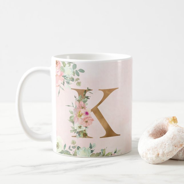 Elegante Rosa Floral Monogram K Kaffee Tasse (Mit Donut)