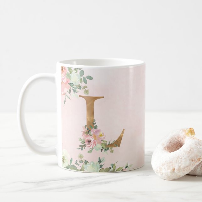 Elegante Rosa Floral Monogram L Kaffeemaschine Tas Kaffeetasse (Mit Donut)
