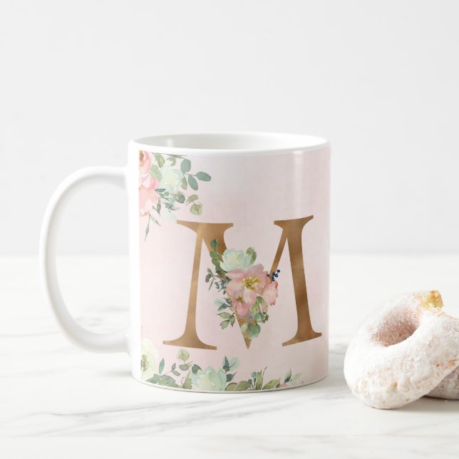 Elegante Rosa Floral Monogram M Tasse (Mit Donut)