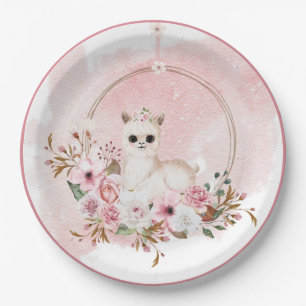 Elegante rosa Floral Watercolor Llama Baby Shower  Pappteller