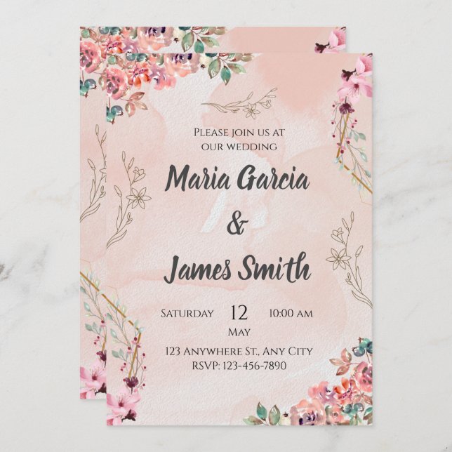 Elegante Rosa Floral Wedding Invitation Card Einladung (Vorne/Hinten)