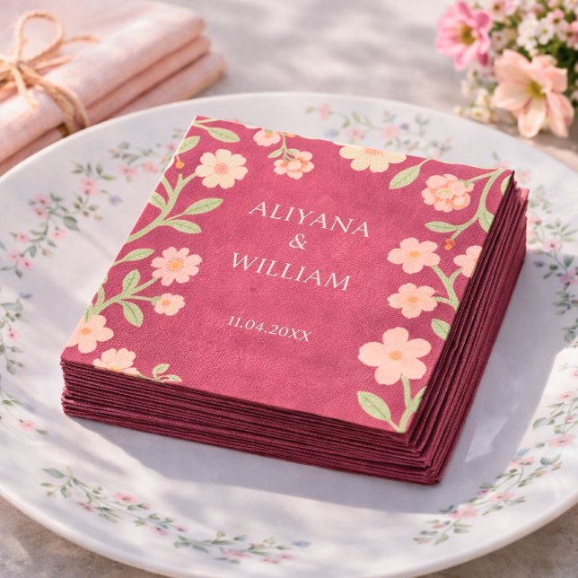 Elegante rosa Floralborder minimal Serviette (Von Creator hochgeladen)