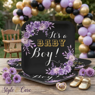 Elegante rosa florale Babyshower-Party für Jungen Pappteller
