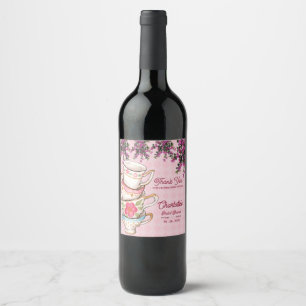 Elegante rosa florale gestapelte Teetassen Brautpa Weinetikett