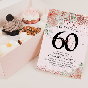 Elegante rosa florale & glitzernde 60. Geburtstags Einladung