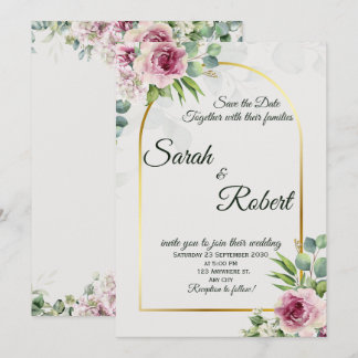 Elegante rosa florale Goldene Bogen Hochzeitseinla Einladung