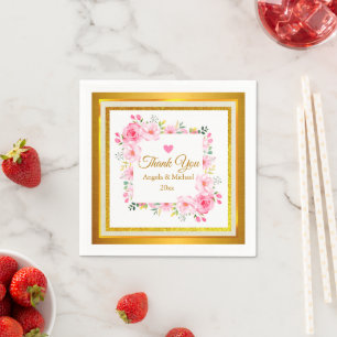Elegante rosa florale & goldene Glitter-Hochzeit Serviette