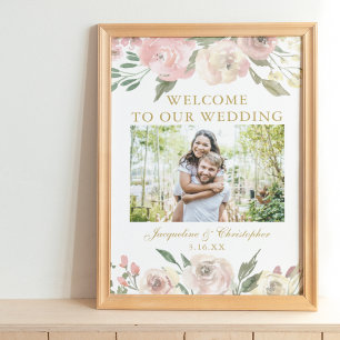Elegante rosa florale goldene Hochzeits-Willkommen Poster