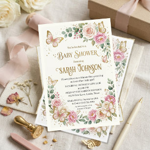 Elegante rosa florale & goldene Schmetterlings-Bab Einladung
