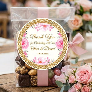Elegante rosa florale & Goldfolie Hochzeit Danke Runder Aufkleber