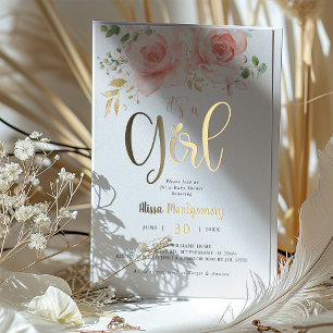 Elegante rosa florale Goldfolie Mädchen Baby Showe Folieneinladung