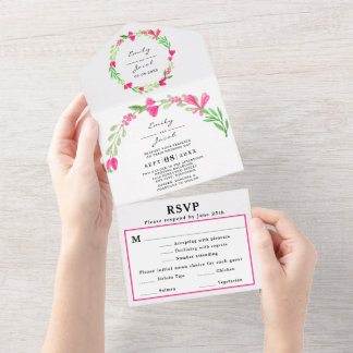 Elegante rosa florale Grün Weiß Hochzeit RSVP All In One Einladung