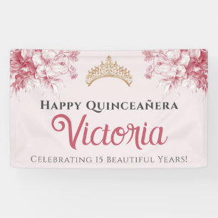 Elegante rosa florale Happy Birthday Quinceañera Banner