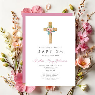 Elegante rosa florale Kreuz-Taufe Einladung