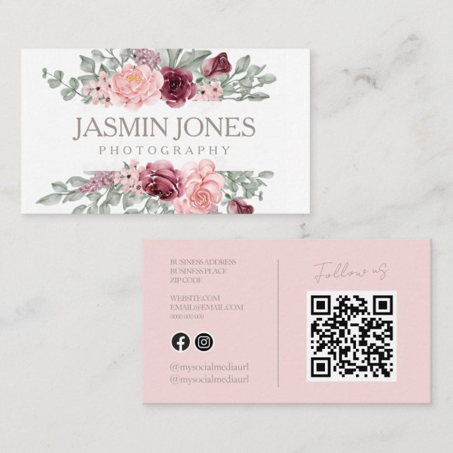 Elegante rosa florale QR-Code-Fotografie Visitenkarte (Vorne/Hinten)