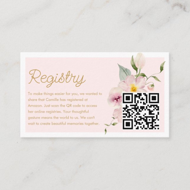 Elegante, rosa, florale Registrierungskarte QR-Cod Begleitkarte (Vorderseite)