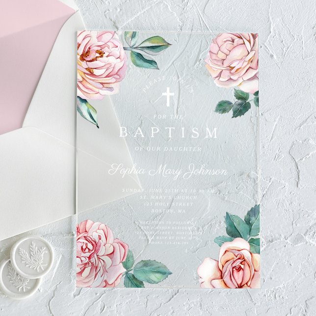 Elegante rosa florale religiöse Cross-Girl-Taufe Acryleinladungen (Elegant Pink Floral Religious Cross Girl Baptism Acrylic Invitations)