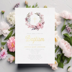 Elegante rosa florale religiöse Girl Baptisse Folieneinladung