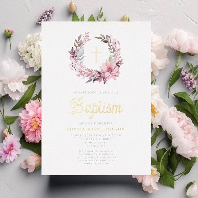 Elegante rosa florale religiöse Girl Baptisse Folieneinladung (Elegant Pink Floral Religious Girl Baptism Foil Invitation)
