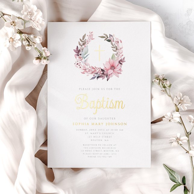 Elegante rosa florale religiöse Girl Baptisse Folieneinladung (Elegant Pink Floral Religious Girl Baptism Foil Invitation)