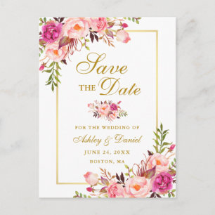 Elegante rosa florale Save the Date Gold Ankündigungspostkarte