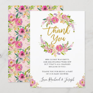 Elegante rosa florale Schriftzug Baby Shower Danke Einladung