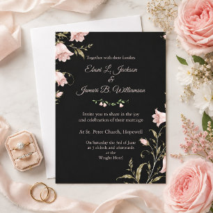 Elegante rosa florale schwarze Hochzeit Einladung