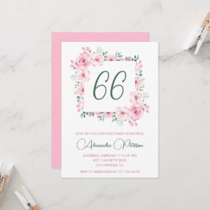 Elegante rosa florale Wasserfarbe 66. Geburtstag Einladung
