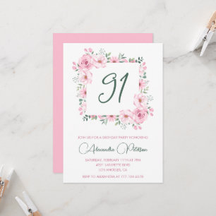 Elegante rosa florale Wasserfarbe 91. Geburtstag  Einladung