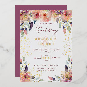 Elegante rosa florale Wasserfarben-Hochzeit Folieneinladung
