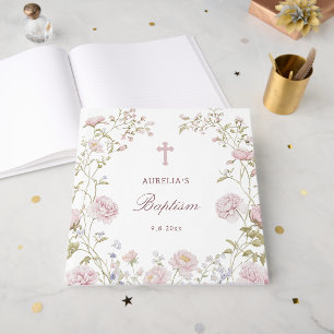 Elegante Rosa Florales Rahmen Taufe Gästebuch