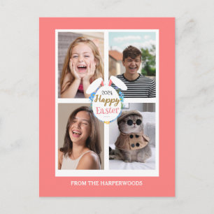 Elegante rosa frohe Ostern Ohren Eier Familienfoto Feiertagspostkarte