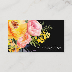 Elegante rosa-gelbe florale schwarze Visitenkarten Visitenkarte