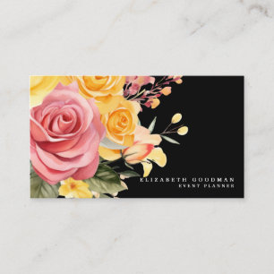 Elegante rosa-gelbe florale schwarze Visitenkarten Visitenkarte