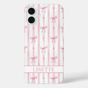 Elegante rosa gestreifte Coquette-Schleifen monogr iPhone 16 Plus Hülle