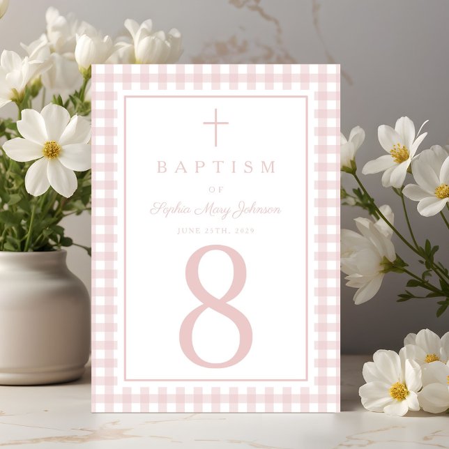 Elegante rosa Gingham Mädchen Taufe Tischnummer (Elegant Pink Gingham Girl Baptism Table Number)