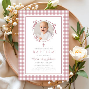 Elegante rosa Gingham-Schleife Foto Mädchen Taufe Einladung