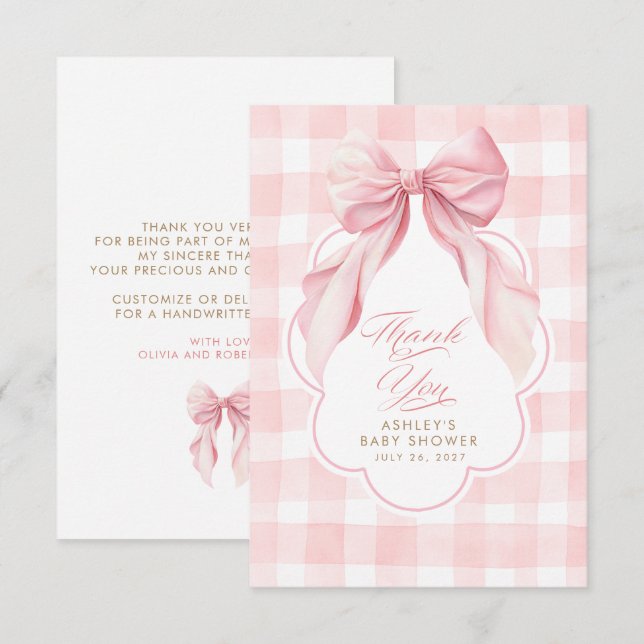 Elegante rosa Gingham-Schleife Süß Danke (Vorne/Hinten)