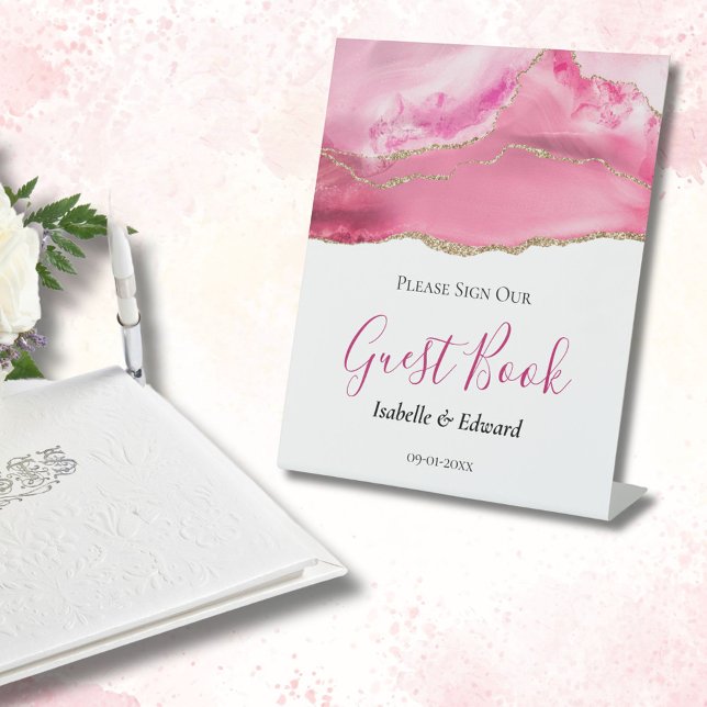 Elegante Rosa & Gold Agate Stone Hochzeit Sockelschild (Von Creator hochgeladen)