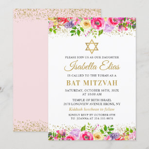 Elegante rosa Gold Floral Bat Mitzvah Einladung