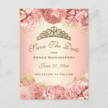 Elegante Rosa Gold Floral Quinceanera Save the Dat
