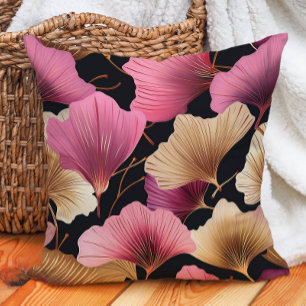 Elegante rosa Gold Ginko Blätter Schwarz Kissen