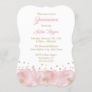 Elegante Rosa Gold Pfingstrose Quinceanera Einladung