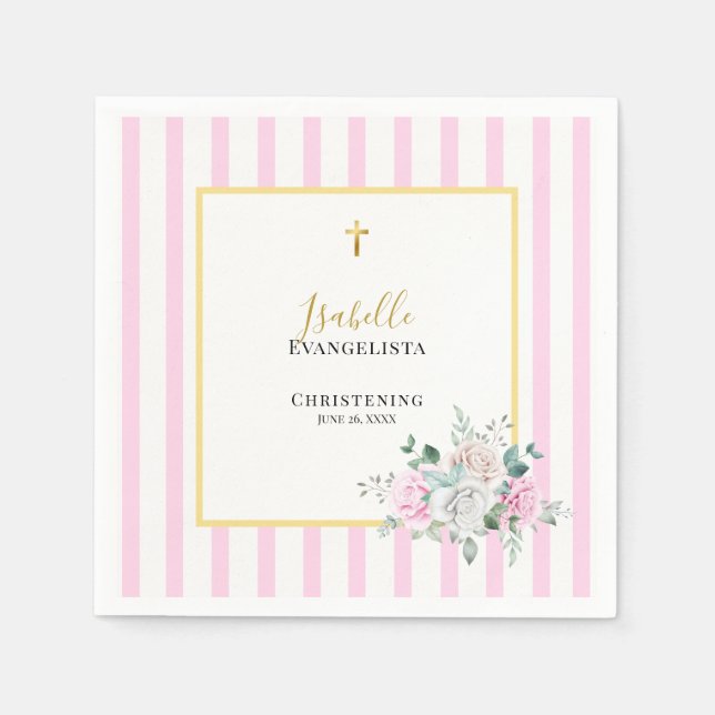 Elegante rosa goldene Blumen-Taufe Serviette (Vorderseite)