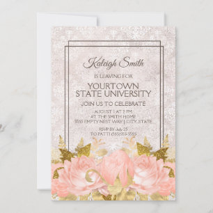 Elegante rosa goldene florale elfenbeinfarbene Dam Einladung