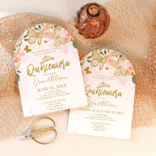 Elegante rosa-goldene Schmetterling-Bilinguale Qui Einladung