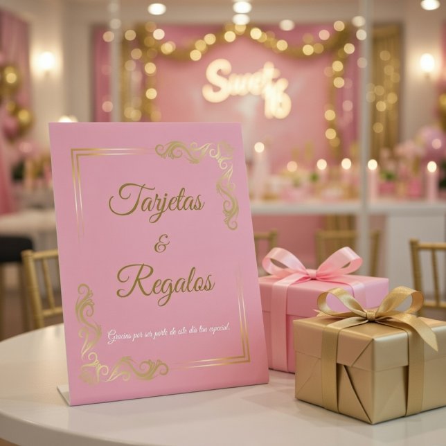 Elegante rosa Goldrahmen Quinceanera Karten und Ge Sockelschild (Von Creator hochgeladen)