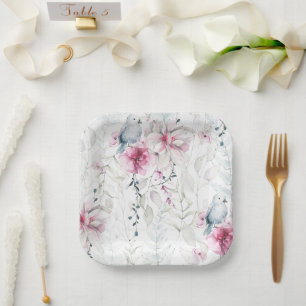 Elegante Rosa Graue, florale Weiße Taube Hochzeit Pappteller