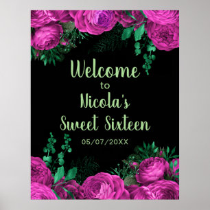 Elegante rosa heiße Blumen Sweet Sixteen Willkomme Poster